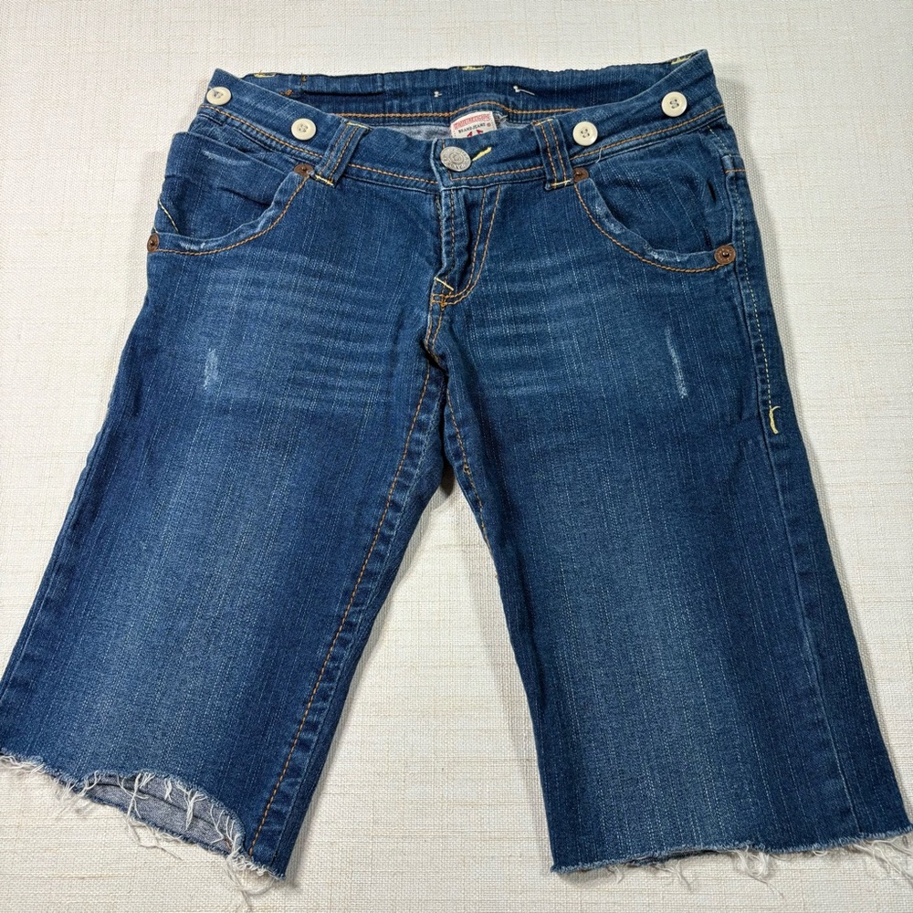 True Religion Size 29 Made In USA Denim Cut Off Shorts Frayed Flap Pockets